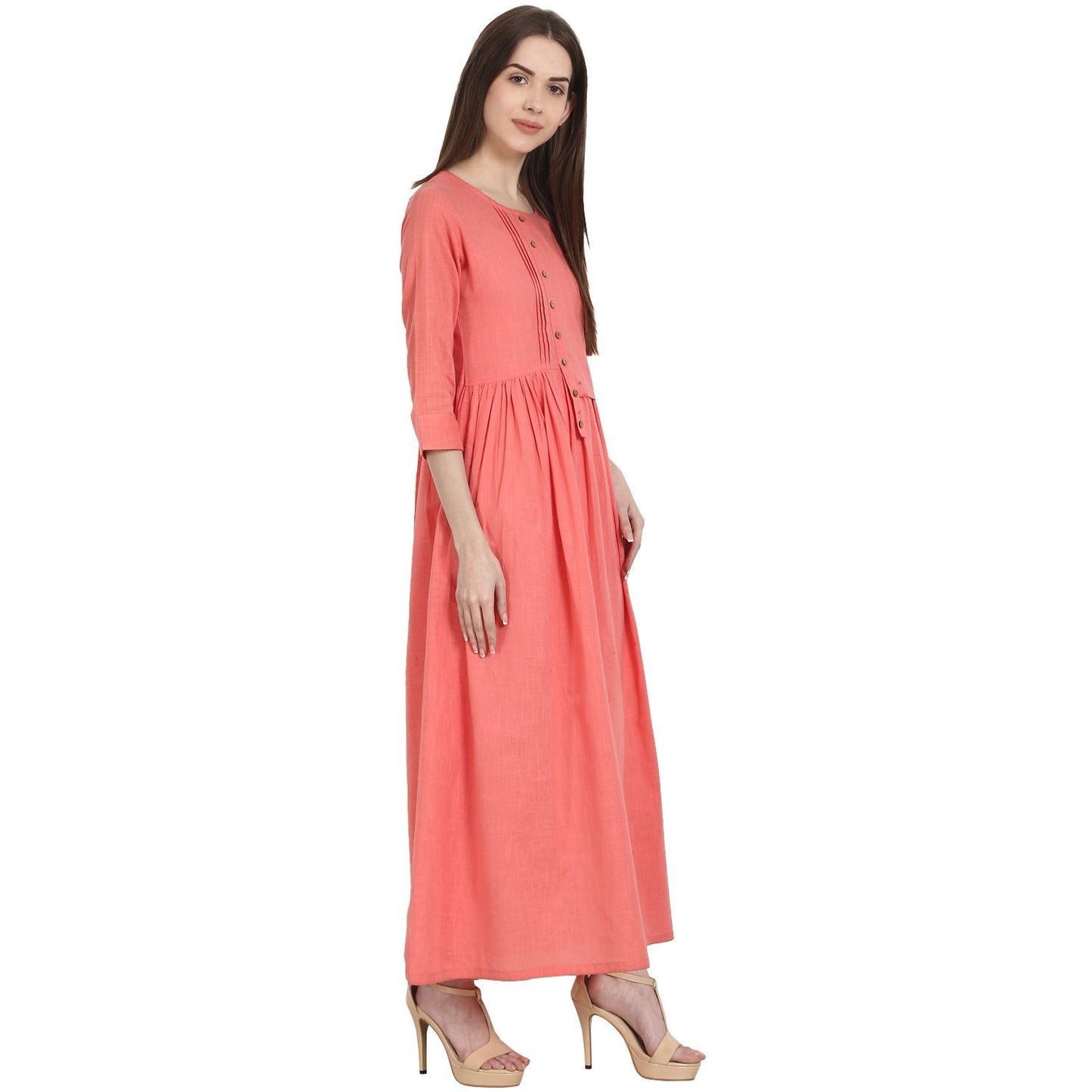 Women's Peach 3/4 Sleeve Cotton Slub A-Line Kurta