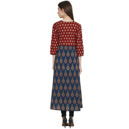 Women's Multi Printed 3/4 Sleeve Cotton A-Line Kurta