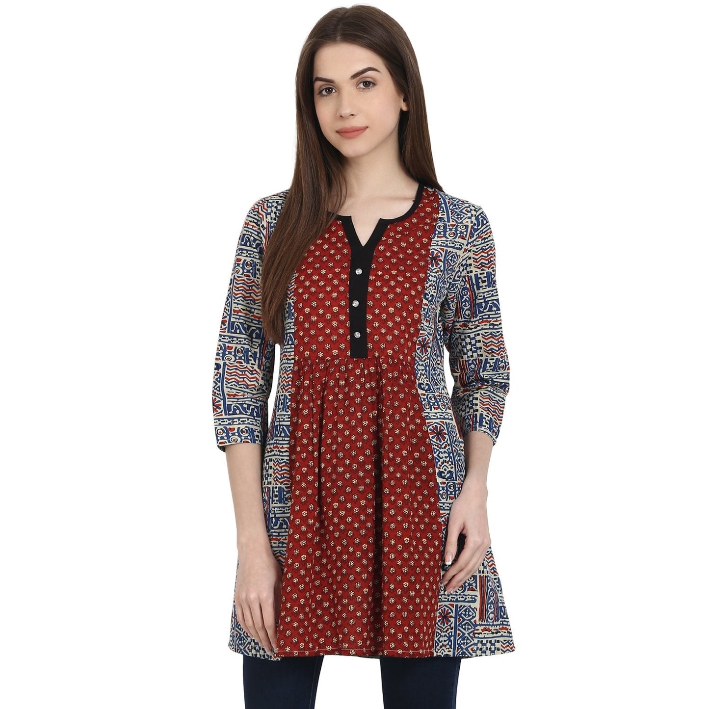 Women's Multi Printed 3/4 Sleeve Cotton A-Line Tunics