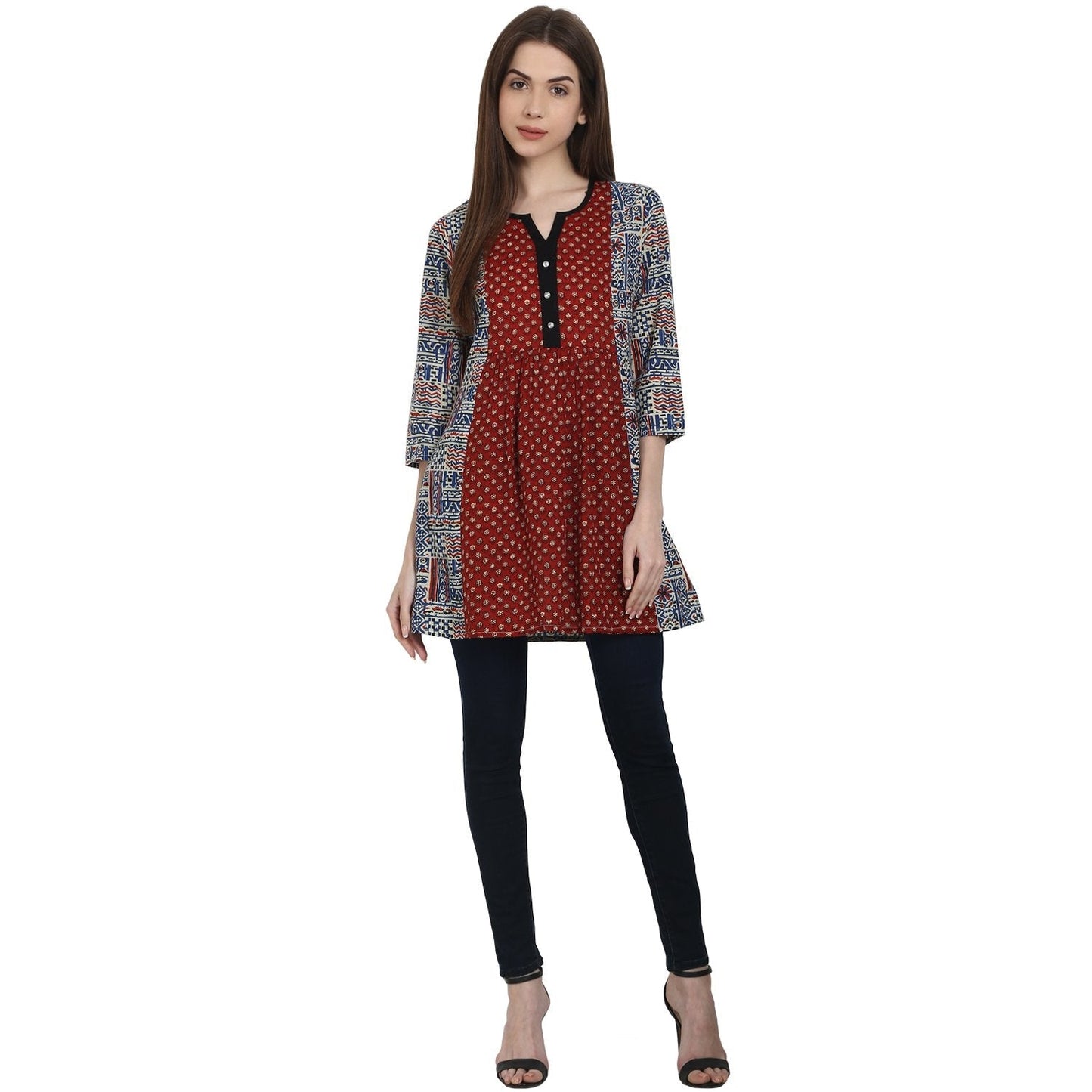 Women's Multi Printed 3/4 Sleeve Cotton A-Line Tunics