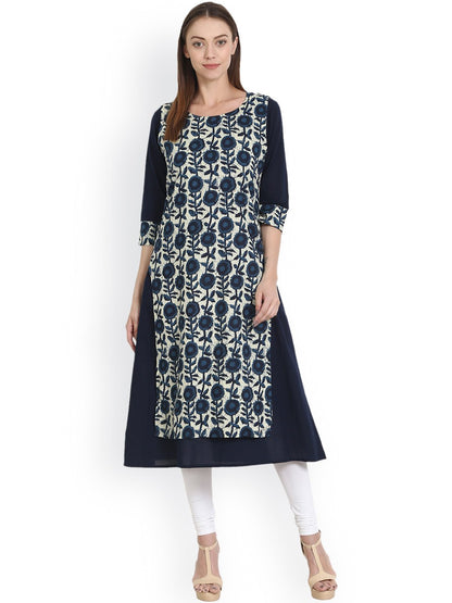 Women's Blue & White Printed Straight Kurta
