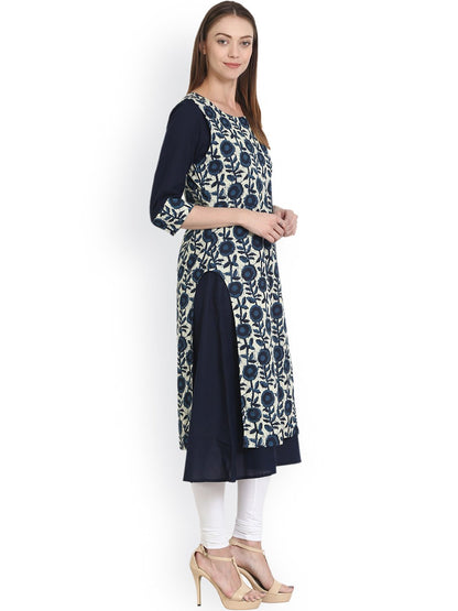 Women's Blue & White Printed Straight Kurta