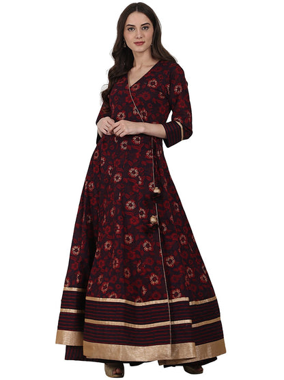 Women's Coffee Printed 3/4 Sleeve Cotton Floor Length Anarkali Kurta