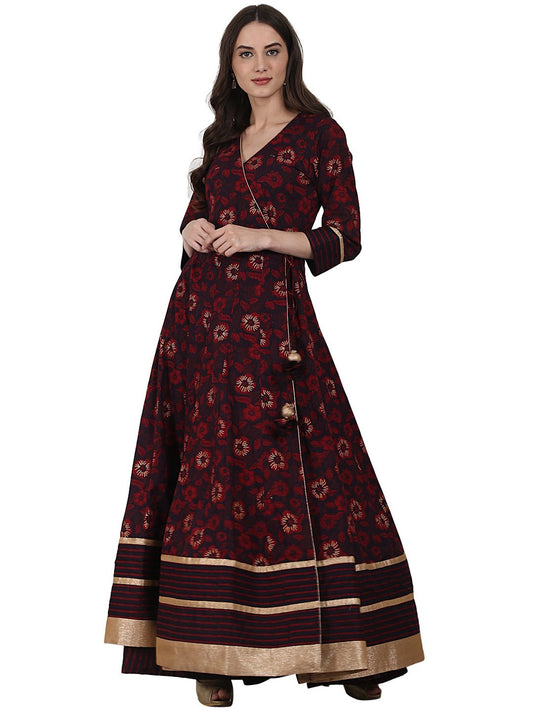 Women's Coffee Printed 3/4 Sleeve Cotton Floor Length Anarkali Kurta