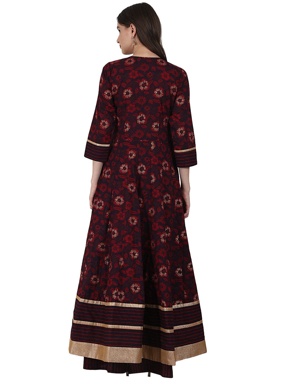 Women's Coffee Printed 3/4 Sleeve Cotton Floor Length Anarkali Kurta