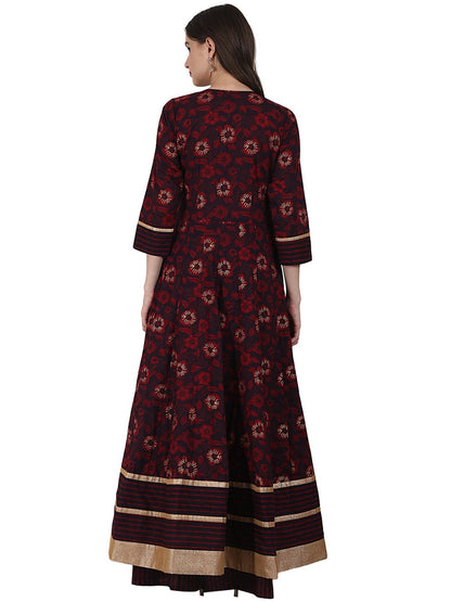Women's Coffee Printed 3/4 Sleeve Cotton Floor Length Anarkali Kurta