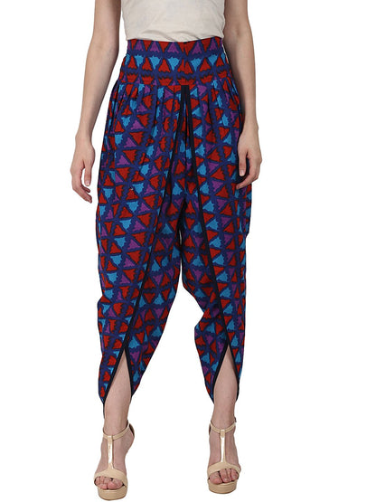 Women's Blue Prited Cotton Ankle Length Dhoti