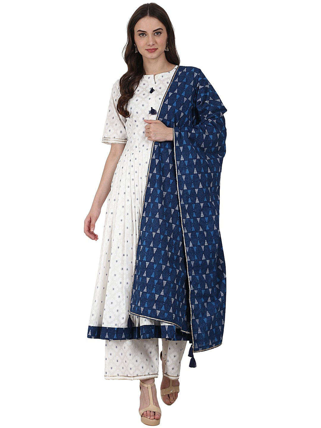 Women's White Golden Butta Printed Anarkali Kurta & Plazzo With Blue Printed Dupatta