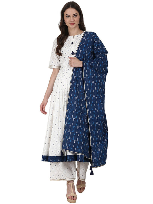 Women's White Golden Butta Printed Anarkali Kurta & Plazzo With Blue Printed Dupatta