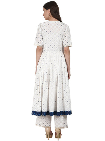 Women's White Golden Butta Printed Anarkali Kurta & Plazzo With Blue Printed Dupatta