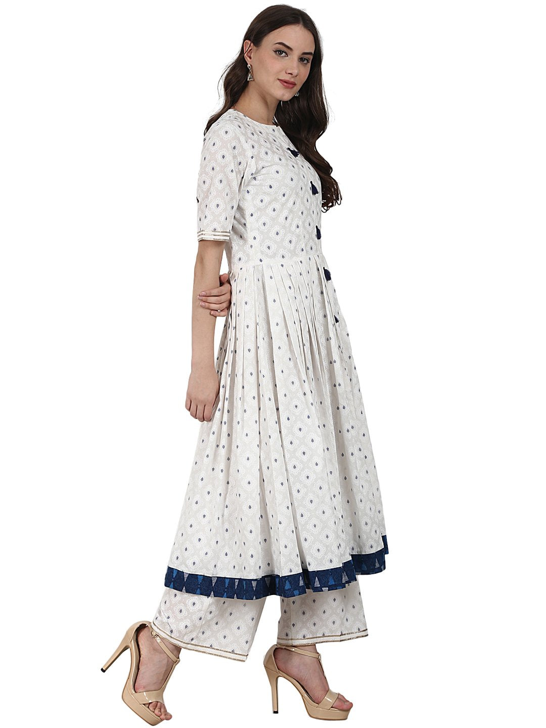 Women's White Golden Butta Printed Anarkali Kurta & Plazzo With Blue Printed Dupatta