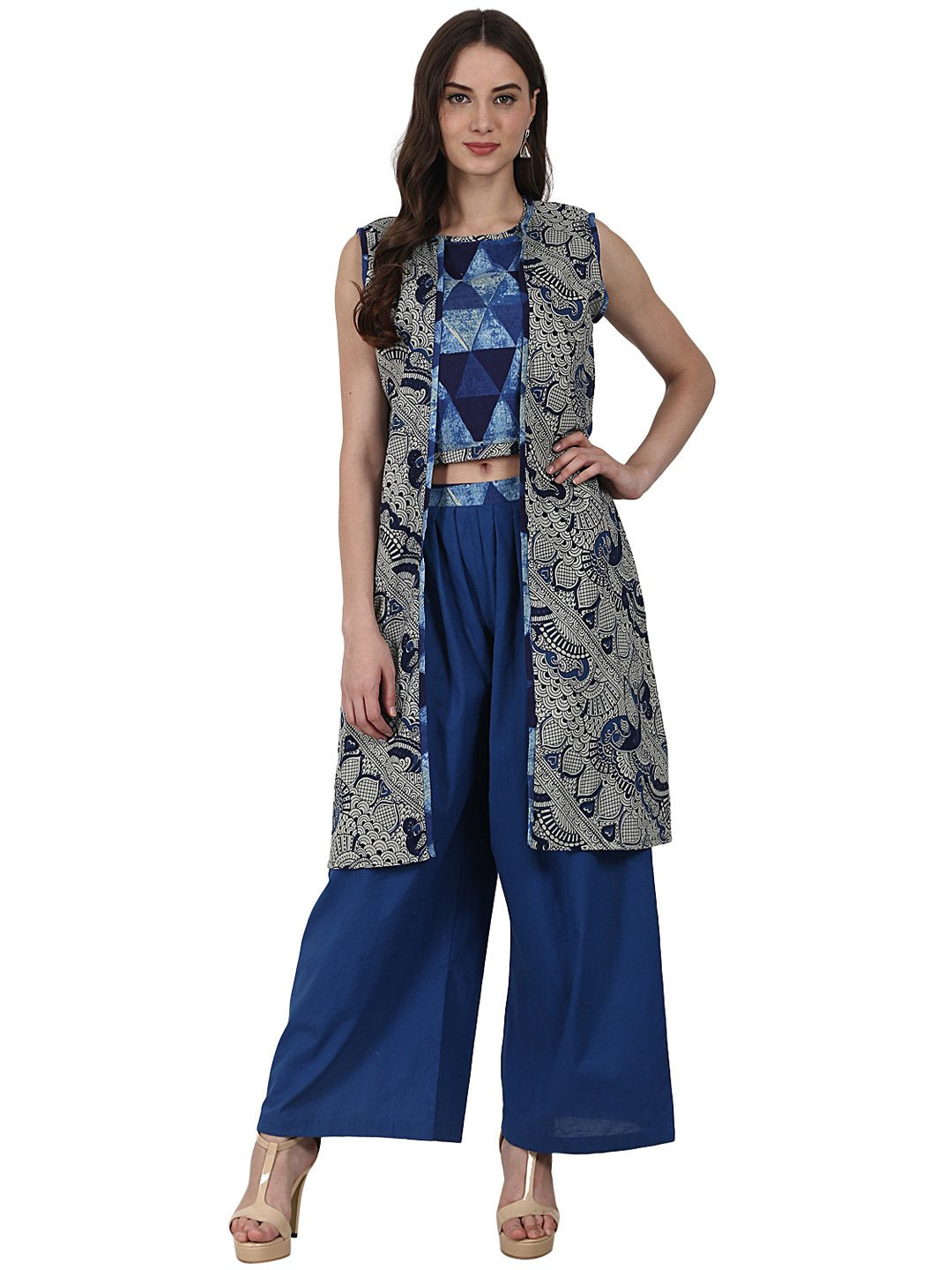 Women's Blue Printed Top With Solid Ankle Length Plazzo & Sleevless Grey Printed Jacket