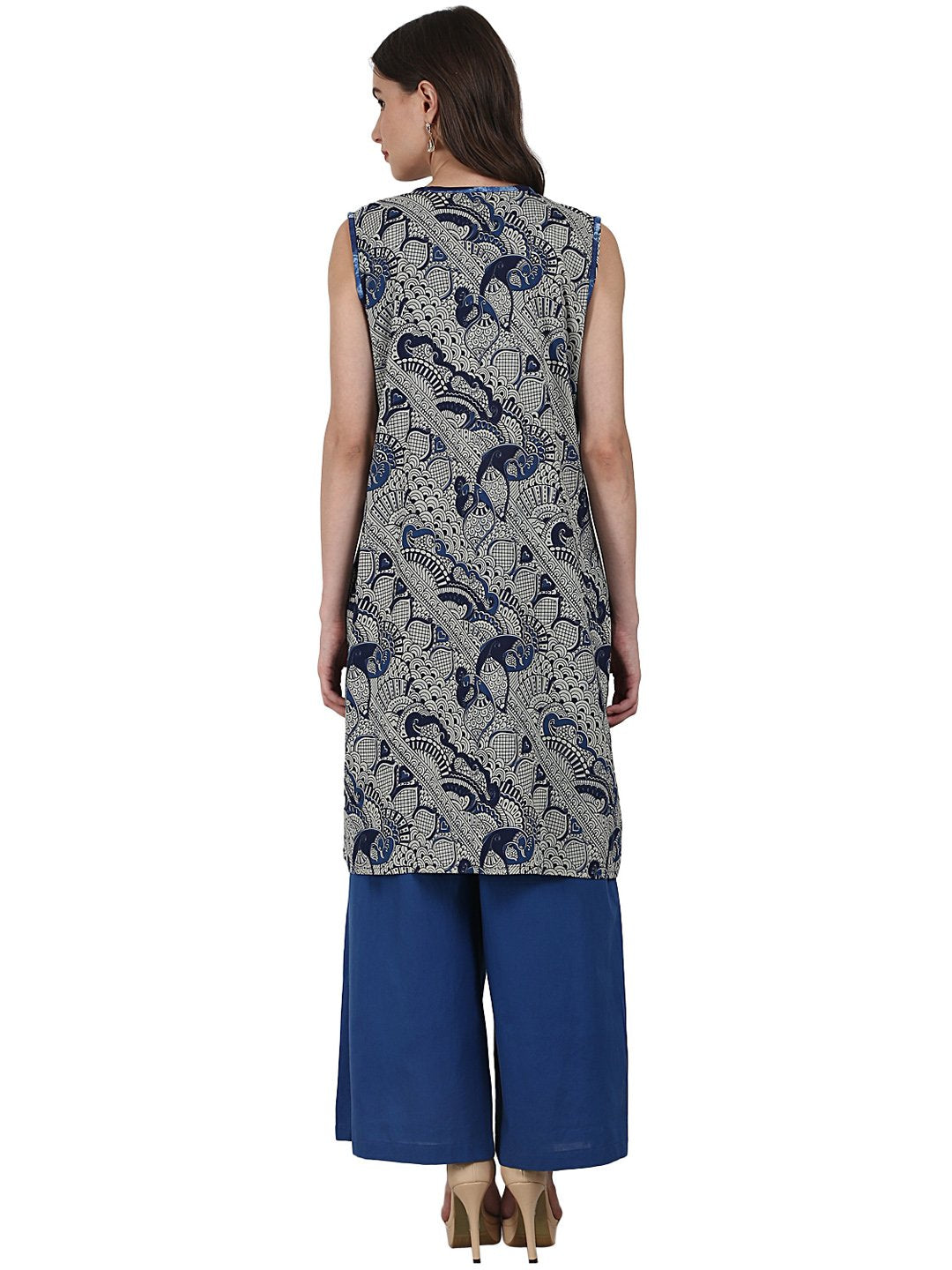 Women's Blue Printed Top With Solid Ankle Length Plazzo & Sleevless Grey Printed Jacket