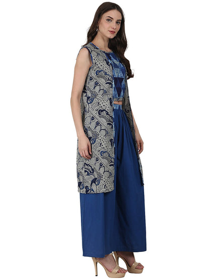 Women's Blue Printed Top With Solid Ankle Length Plazzo & Sleevless Grey Printed Jacket