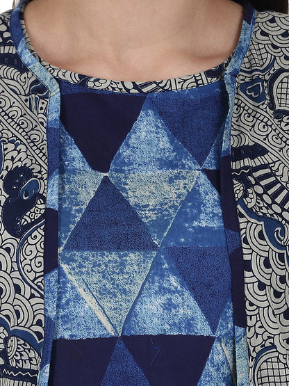 Women's Blue Printed Top With Solid Ankle Length Plazzo & Sleevless Grey Printed Jacket