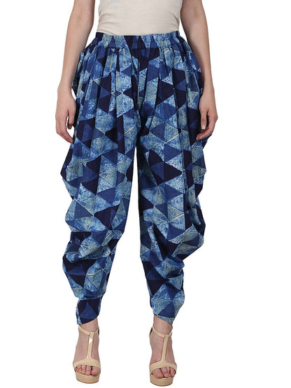 Women's Blue Printed Ankle Length Cotton Dhoti