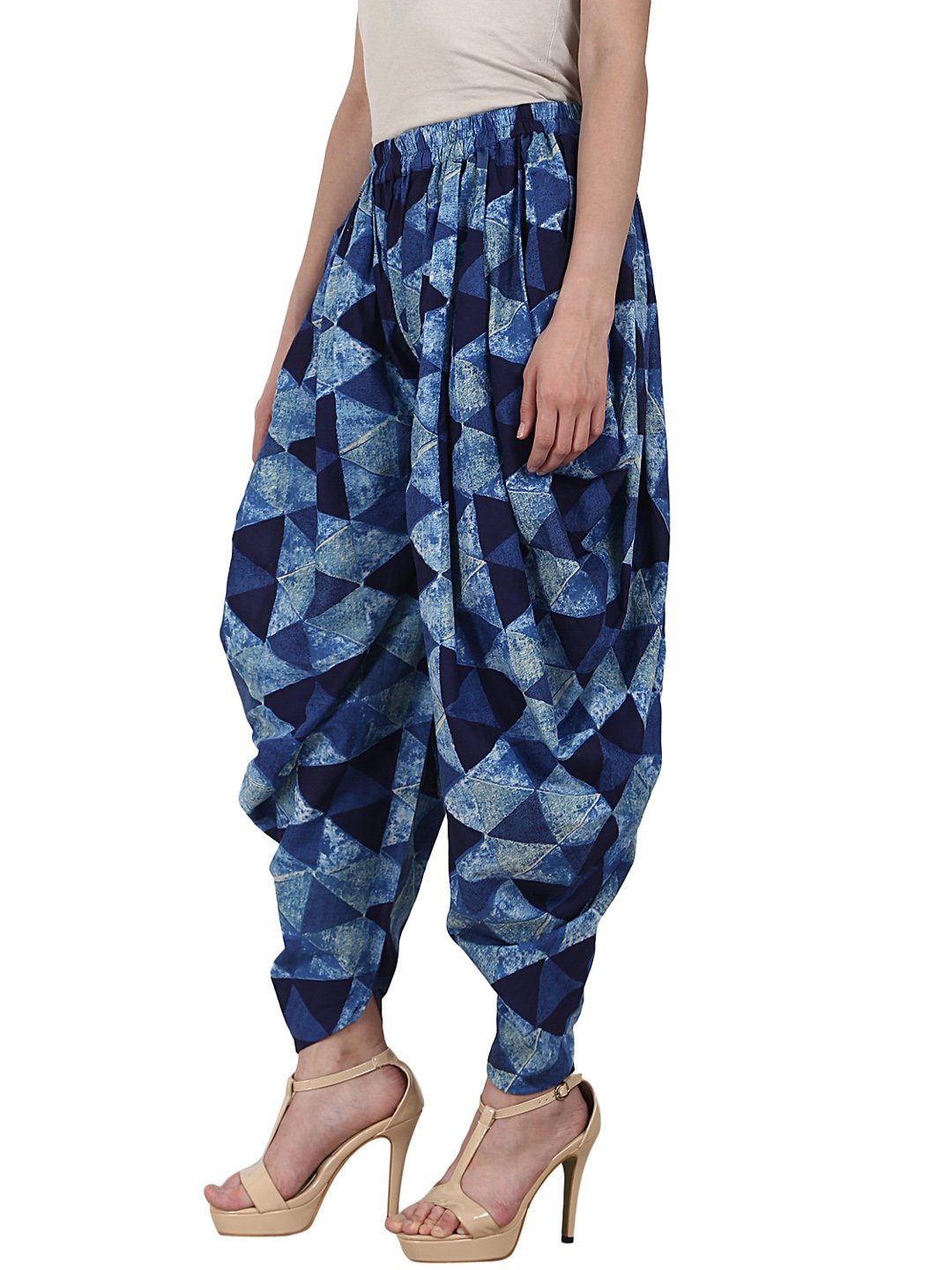 Women's Blue Printed Ankle Length Cotton Dhoti