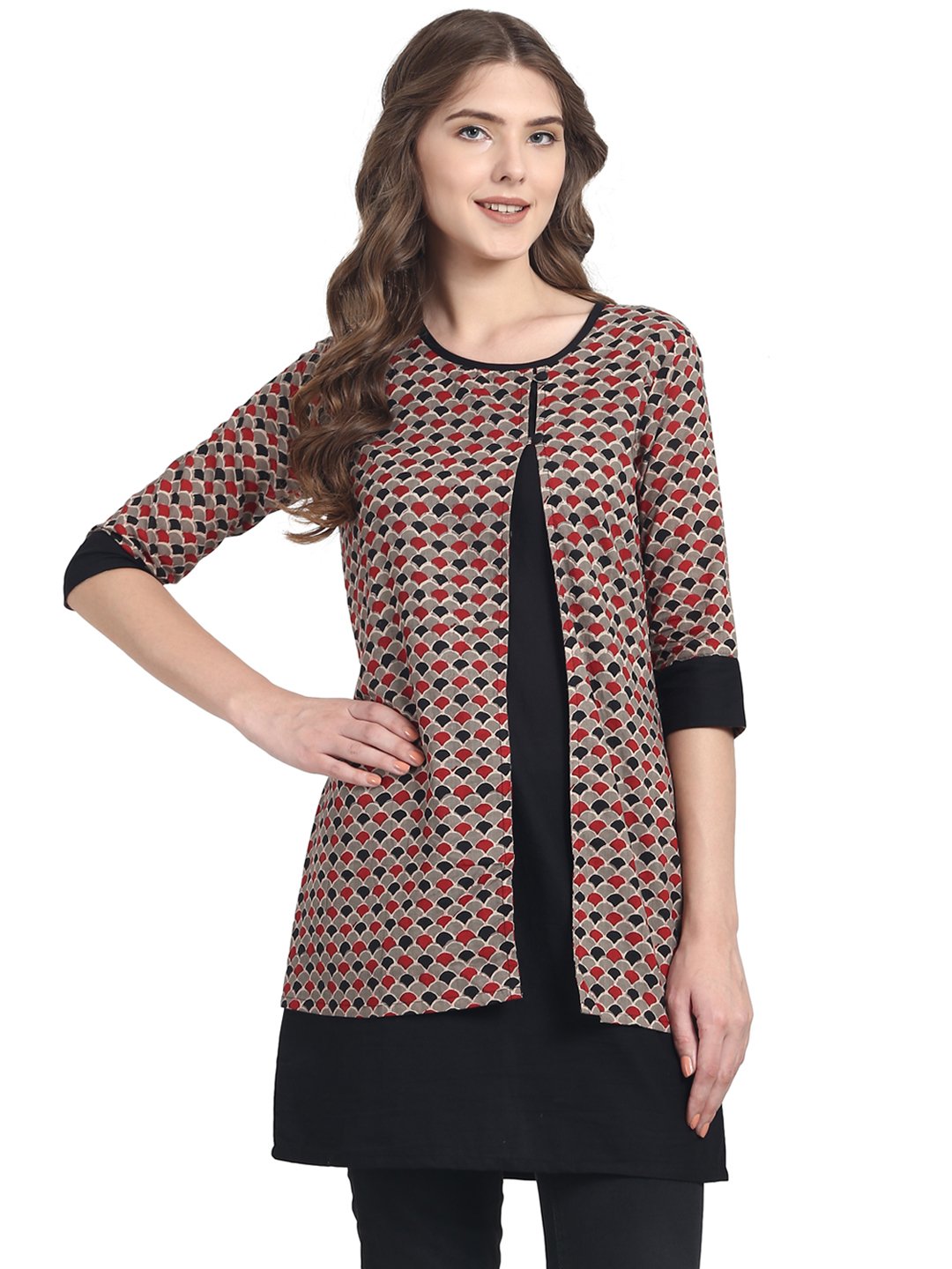 Women's Black 3/4Th Sleeve Cotton Double Layer Tunic