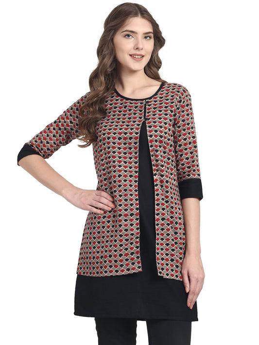 Women's Black 3/4Th Sleeve Cotton Double Layer Tunic