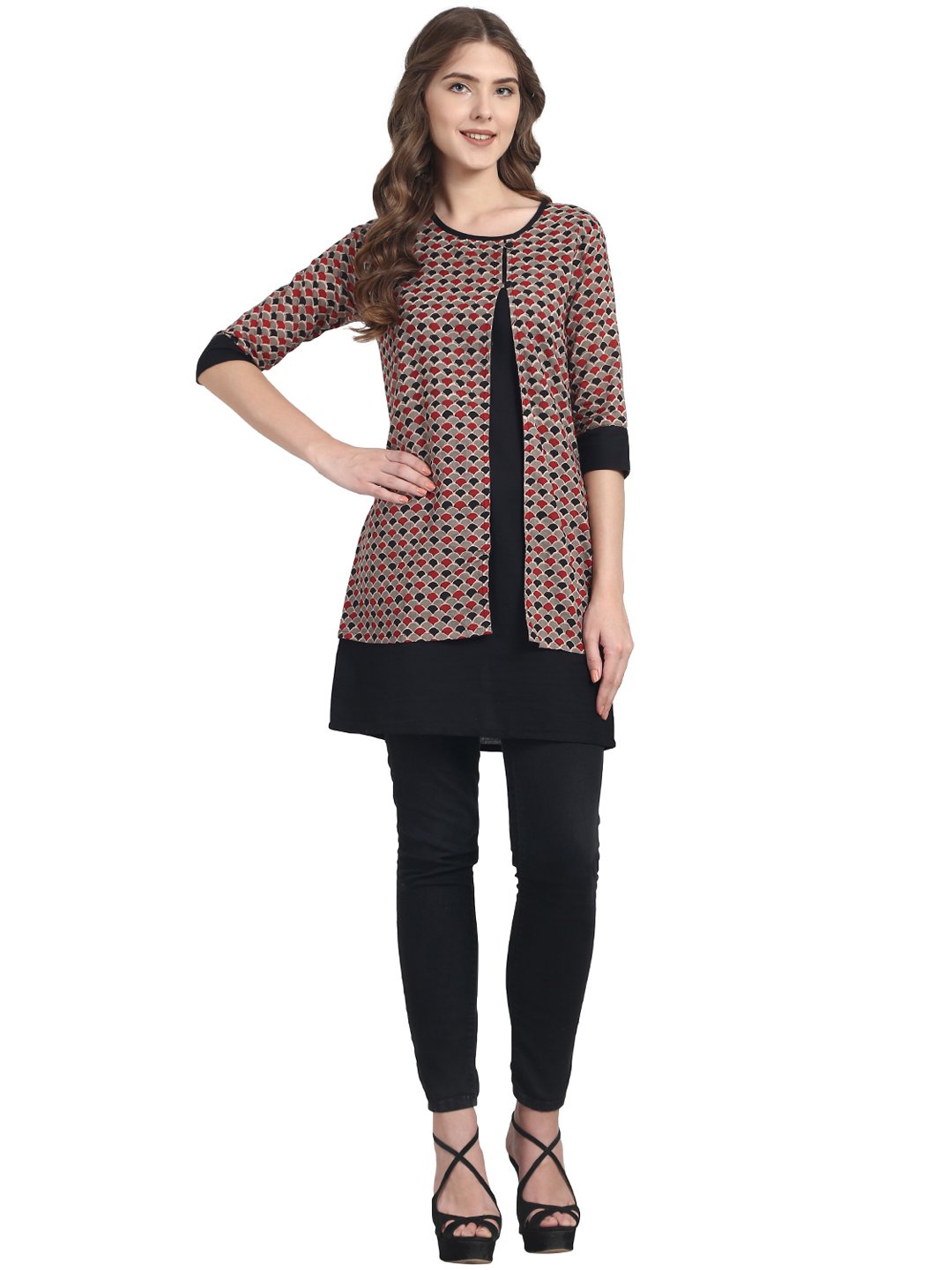 Women's Black 3/4Th Sleeve Cotton Double Layer Tunic
