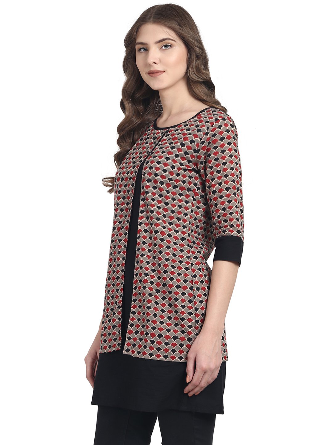 Women's Black 3/4Th Sleeve Cotton Double Layer Tunic