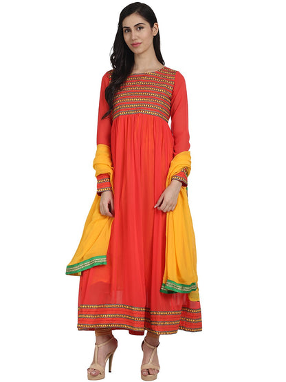 Women's Orange Color 3/4Th Sleeve Georgette Anarkali Kurta With Embriodery Work And Yellow Dupatta