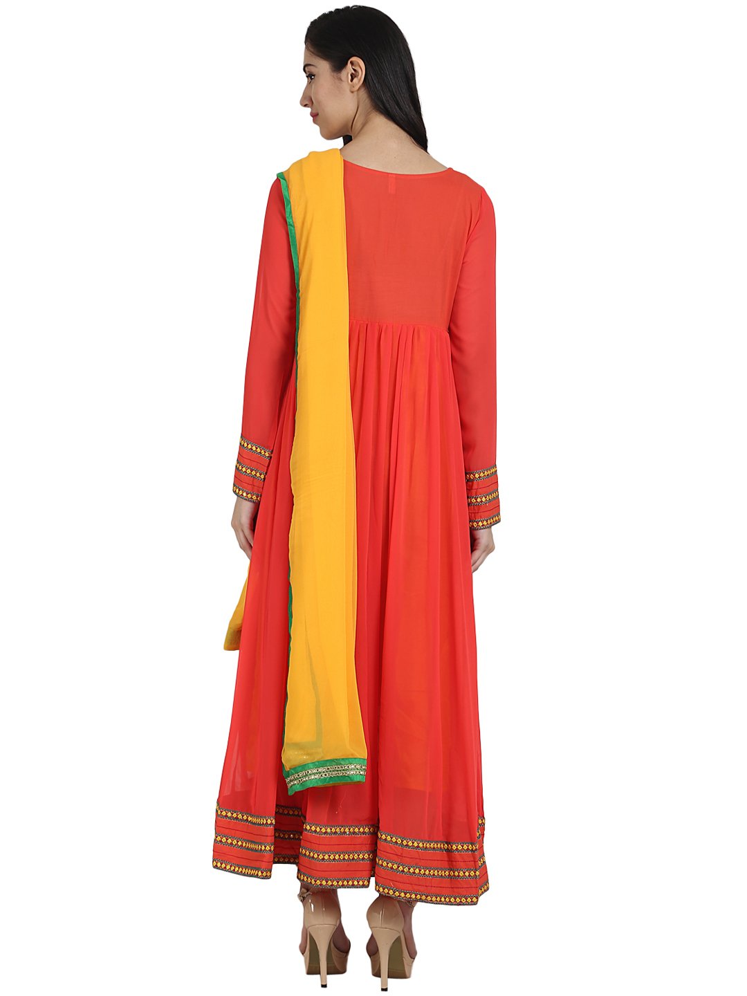 Women's Orange Color 3/4Th Sleeve Georgette Anarkali Kurta With Embriodery Work And Yellow Dupatta