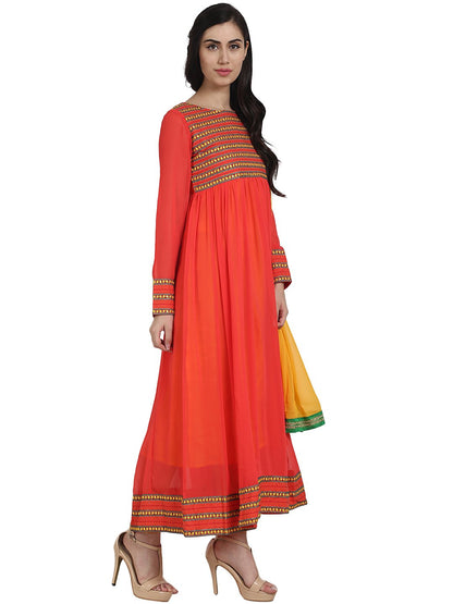 Women's Orange Color 3/4Th Sleeve Georgette Anarkali Kurta With Embriodery Work And Yellow Dupatta