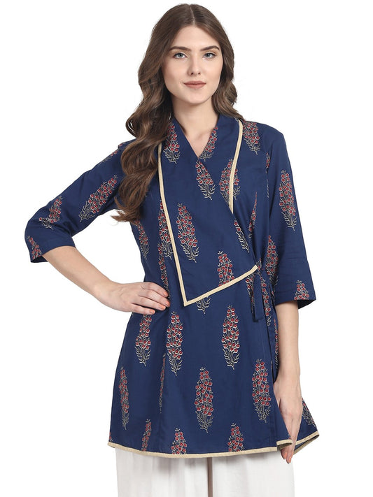 Women's Blue 3/4 Sleeve Cotton Angrakha Style Tunic