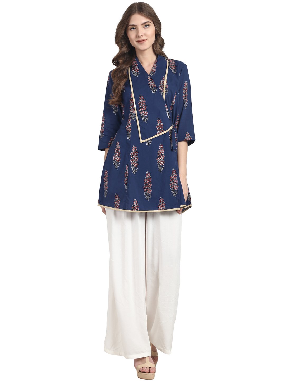 Women's Blue 3/4 Sleeve Cotton Angrakha Style Tunic