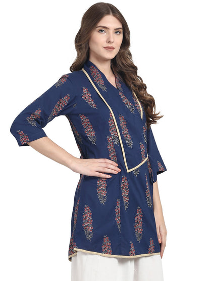 Women's Blue 3/4 Sleeve Cotton Angrakha Style Tunic