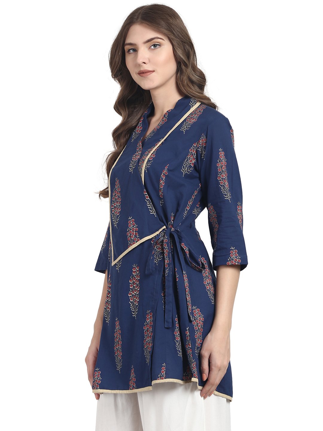 Women's Blue 3/4 Sleeve Cotton Angrakha Style Tunic
