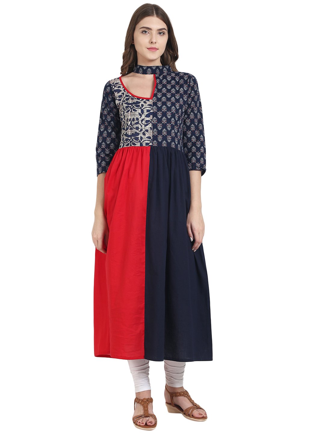 Women's Nayo Navy Blue & Red Cotton Anarkali Kurta With Printed Yoke