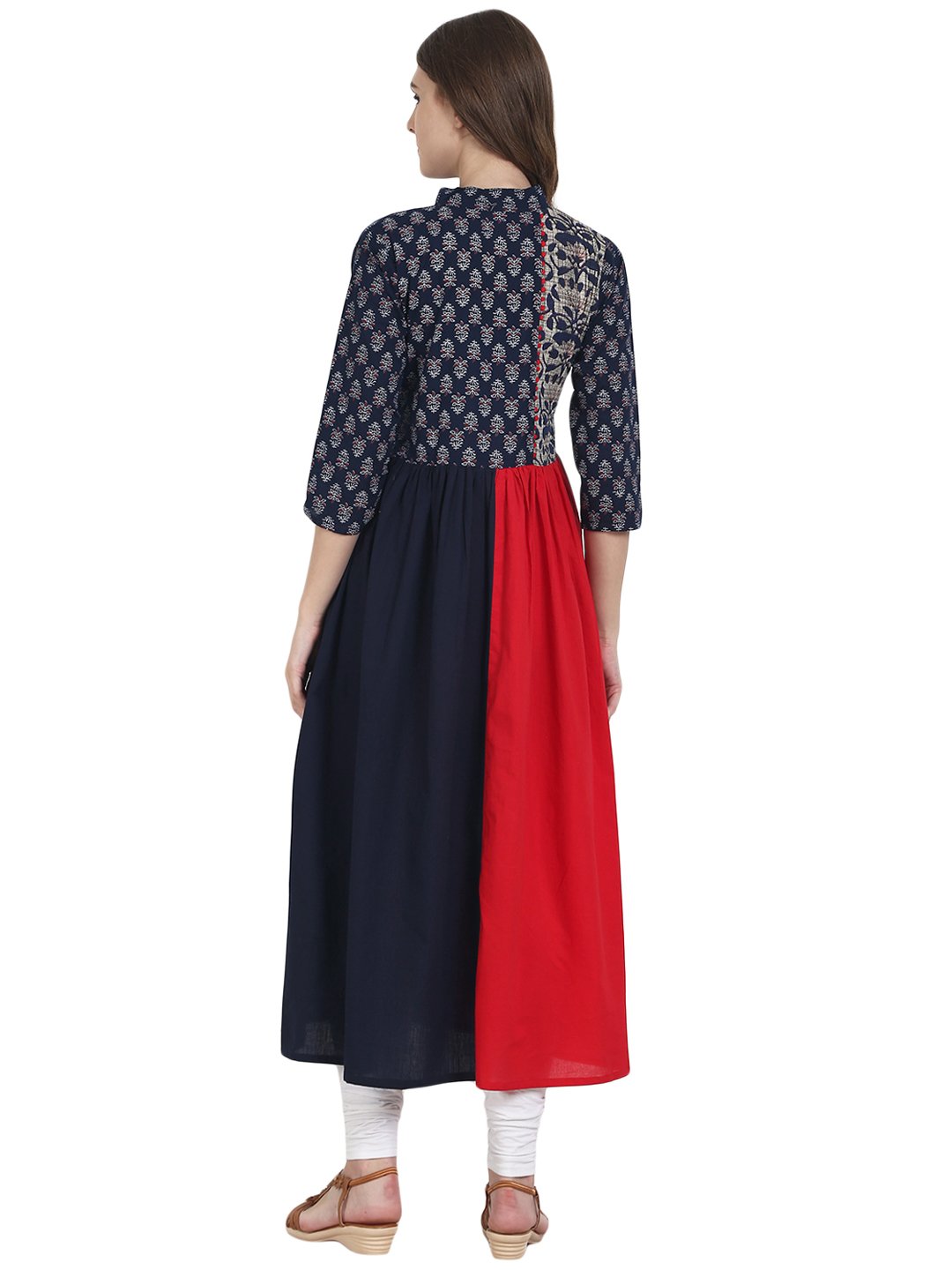 Women's Nayo Navy Blue & Red Cotton Anarkali Kurta With Printed Yoke