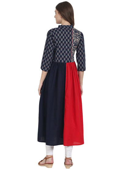 Women's Nayo Navy Blue & Red Cotton Anarkali Kurta With Printed Yoke