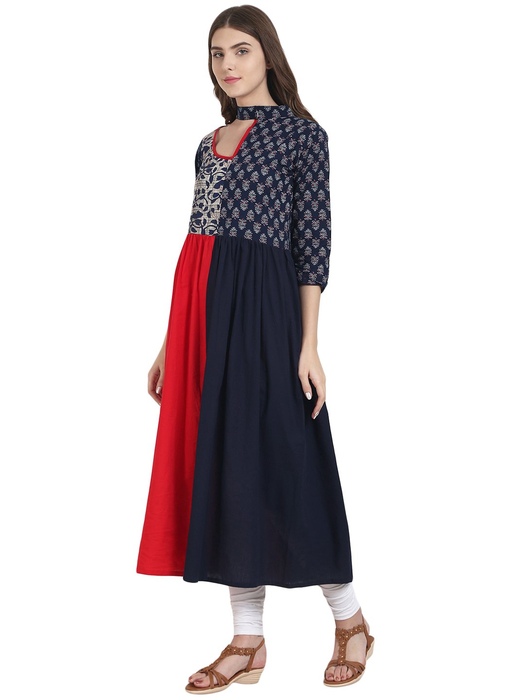 Women's Nayo Navy Blue & Red Cotton Anarkali Kurta With Printed Yoke