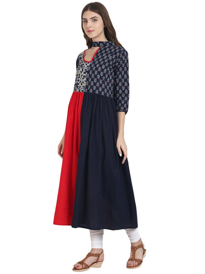 Women's Nayo Navy Blue & Red Cotton Anarkali Kurta With Printed Yoke