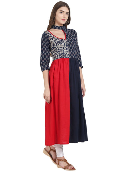 Women's Nayo Navy Blue & Red Cotton Anarkali Kurta With Printed Yoke
