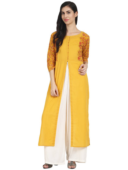 Women's Nayo Mustard Yellow Cotton 3/4Th Sleeve Front Slit Kurta With Block Printed In Yoke And Border