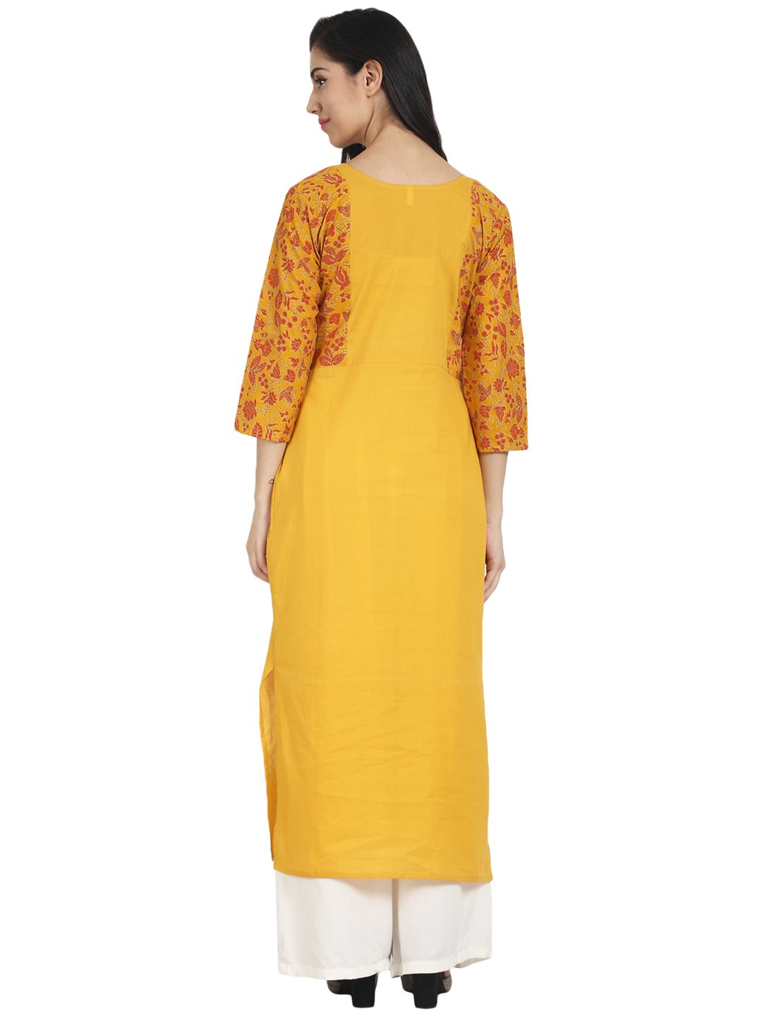 Women's Nayo Mustard Yellow Cotton 3/4Th Sleeve Front Slit Kurta With Block Printed In Yoke And Border