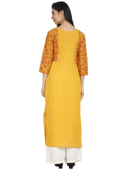 Women's Nayo Mustard Yellow Cotton 3/4Th Sleeve Front Slit Kurta With Block Printed In Yoke And Border