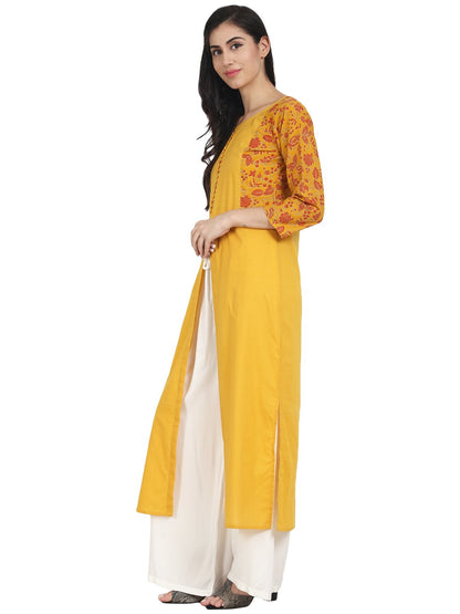 Women's Nayo Mustard Yellow Cotton 3/4Th Sleeve Front Slit Kurta With Block Printed In Yoke And Border