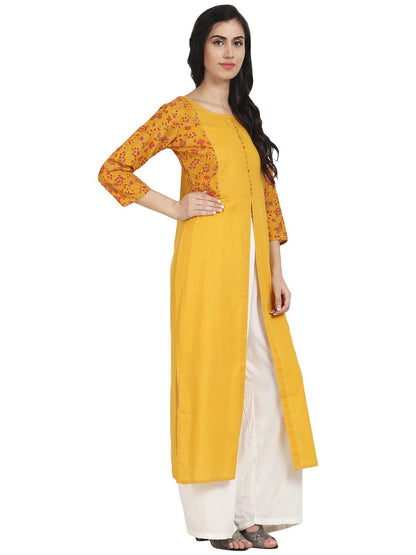 Women's Nayo Mustard Yellow Cotton 3/4Th Sleeve Front Slit Kurta With Block Printed In Yoke And Border