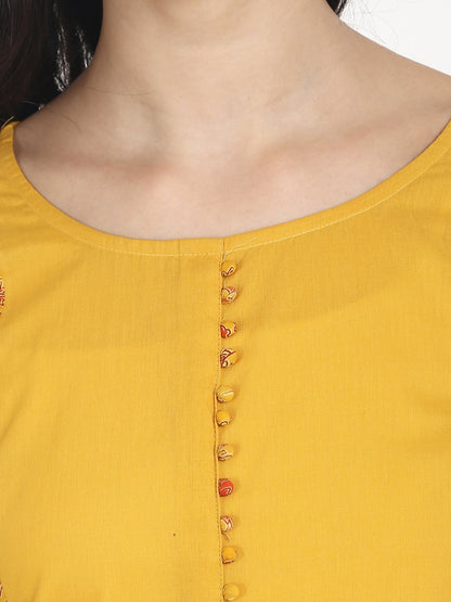 Women's Nayo Mustard Yellow Cotton 3/4Th Sleeve Front Slit Kurta With Block Printed In Yoke And Border