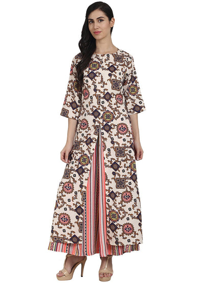 Women's White Printed 3/4Th Sleeve Crepe A-Line Kurta With Peach Printed Palazzo