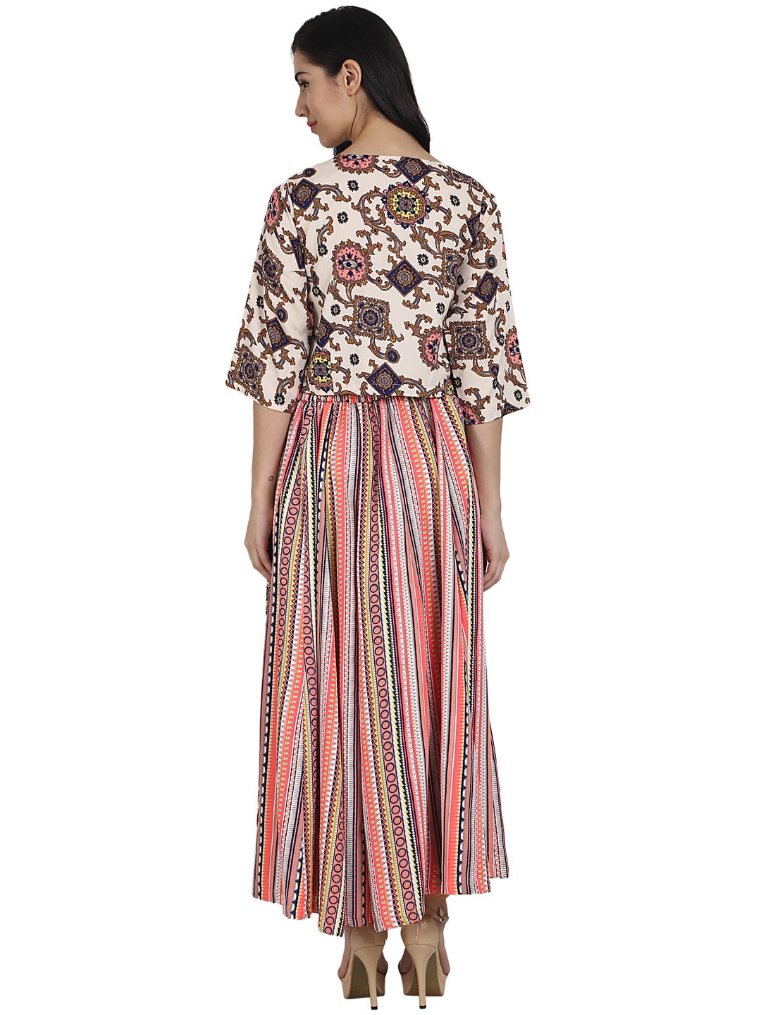 Women's White Printed 3/4Th Sleeve Crepe A-Line Kurta With Peach Printed Palazzo