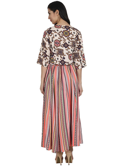 Women's White Printed 3/4Th Sleeve Crepe A-Line Kurta With Peach Printed Palazzo