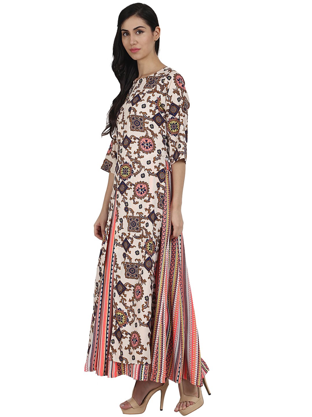 Women's White Printed 3/4Th Sleeve Crepe A-Line Kurta With Peach Printed Palazzo