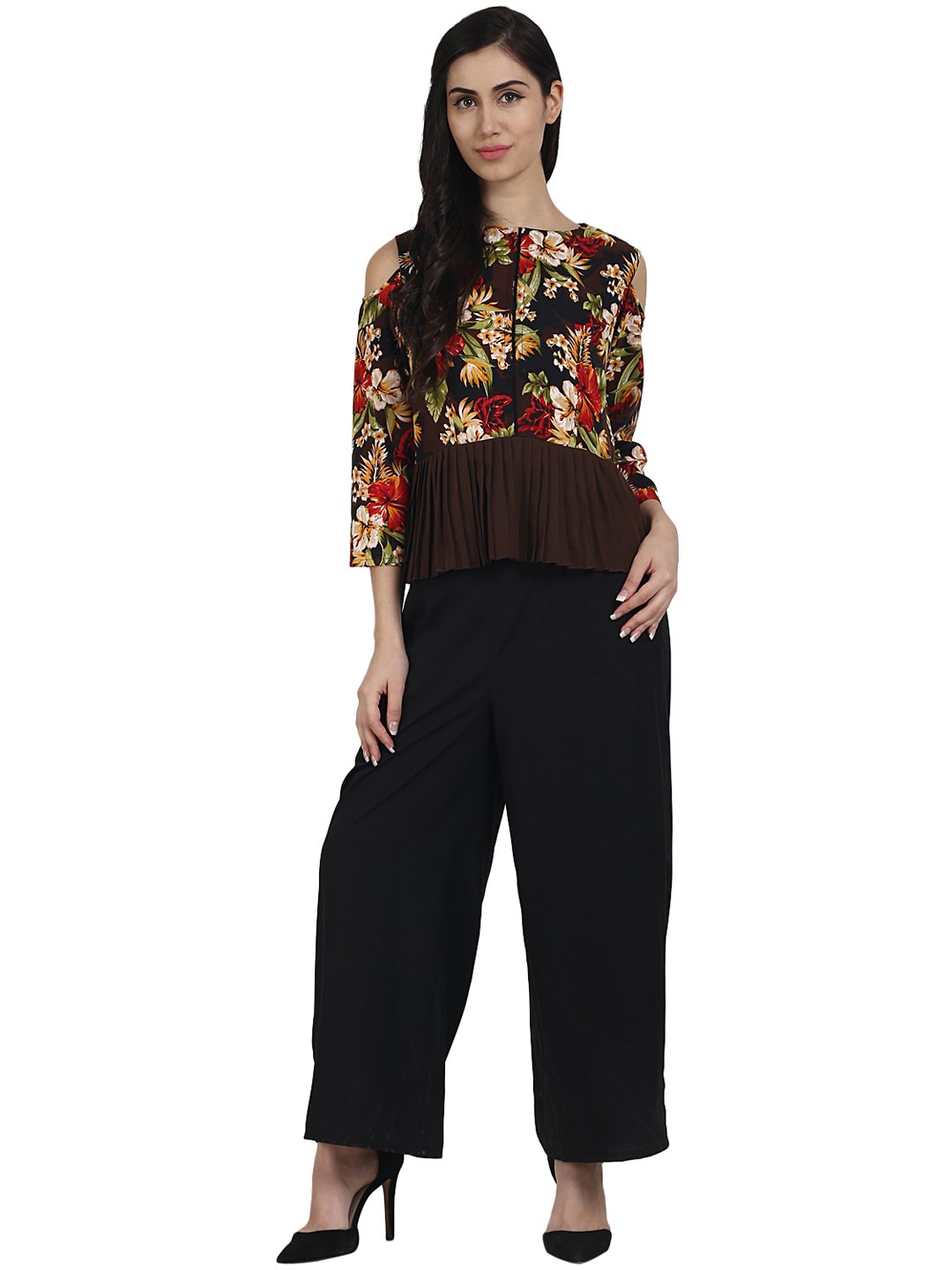 Women's Black Printed Crepe Cold Shoulder 3/4Th Sleeve Top With Solid Black Palazzo Having One Side Pocket