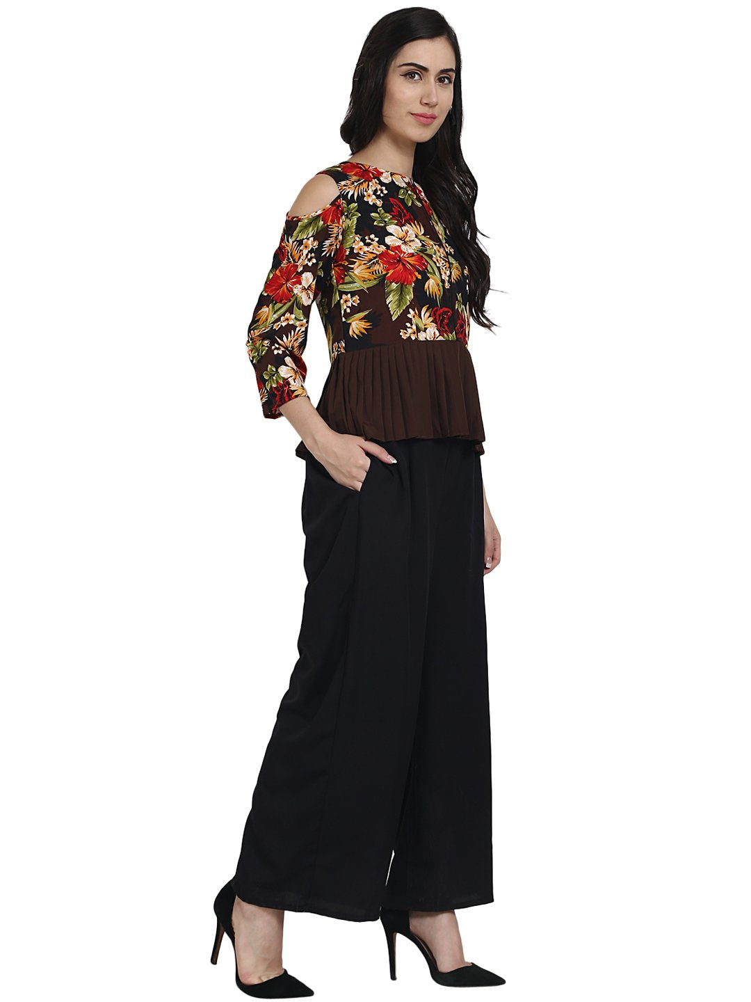 Women's Black Printed Crepe Cold Shoulder 3/4Th Sleeve Top With Solid Black Palazzo Having One Side Pocket